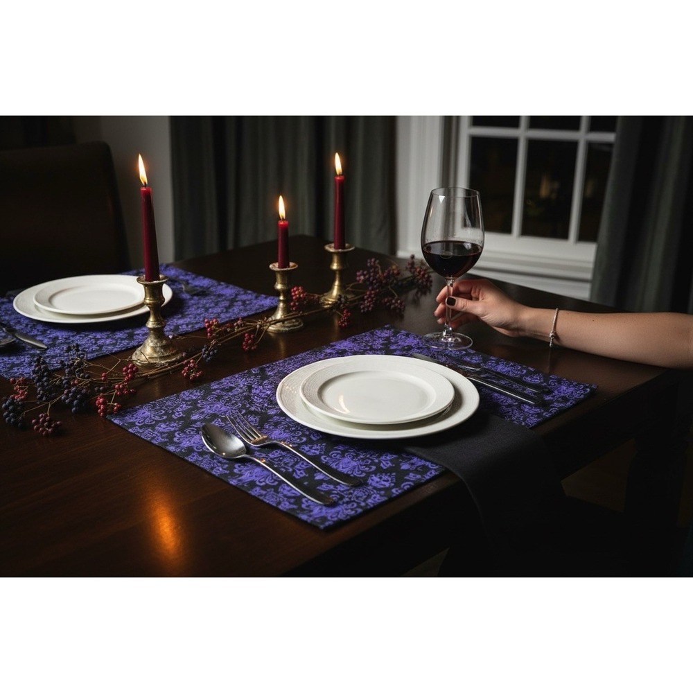 Disney Haunted Mansion Reversible Placemats Purple Damask Icons One Size 4 piece